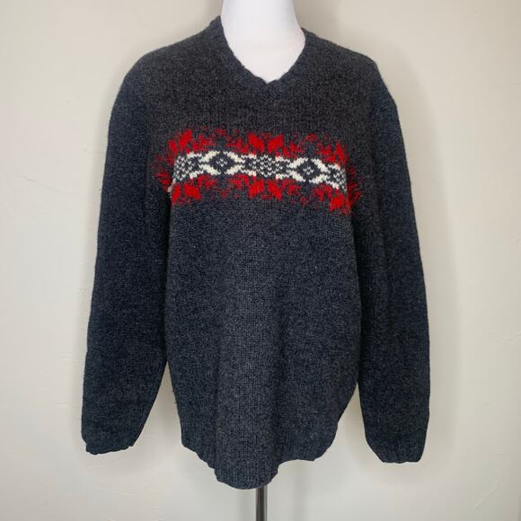 Old Navy 100% Lambswool Sweater Gray Red Nordic Design Sz Medium Large - Picture 1 of 7